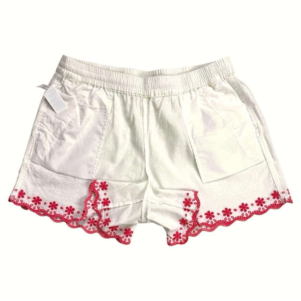 J.Crew Linen Tie Drawstring Waist Embroidered   Pink Floral Hem Shorts M 🌸 - Picture 6 of 12